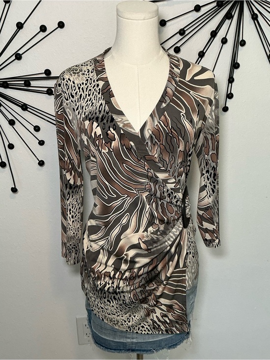 Frank Lyman Design Tops - Frank Lyman Animal Print Faux Wrap Top Buckle Detail Size 8
